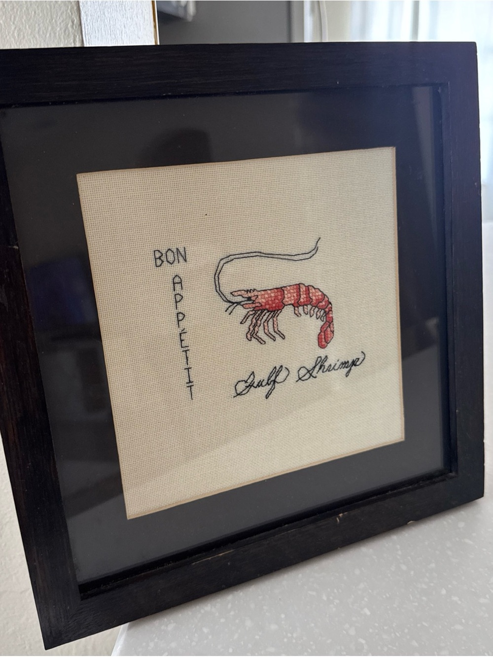 Vintage Framed Counted Cross Stitch Gulf Shrimp Bon Appetit 10x10 Wooden Frame
